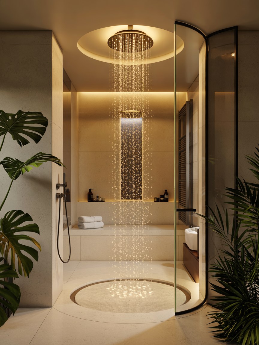 Luxury Bathroom Design with Rainfall Showerhead and Ambient Lighting