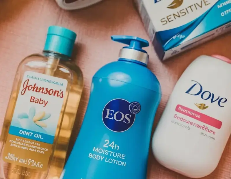 Blue EOS Body Lotion, Tree Hut Vanilla + Dove Soap | My Body Care Flat Lay